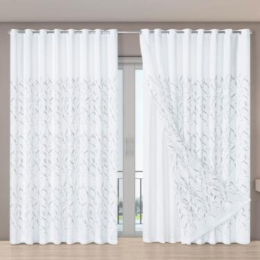 Imagem de Cortina Dual Microfibra Voil Gaze Bordado 4,00m X 2,70m 100% Poliéster - Leaves Branco
