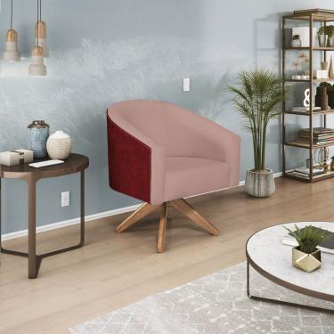 Imagem de Poltrona Luiza Base Giratória De Madeira Factor Vermelho E Linho - Adj Decor Cor Rosê
