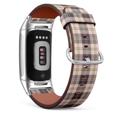Imagem de Pulseira de relógio de couro de substituição compatível com Fitbit Charge 5/Fitbit Charge 6 (cinza rosa purplerado cáqui tartã xadrez escocês), pulseira para smartwatch para mulheres e homens