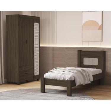 Imagem de Kit Cama Solteiro Para Quarto MDF Com Guarda Roupa 3 Portas 2 Gavetas 