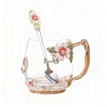 Imagem de Guon-Wuvl Caneca de chá 3D de vidro de cristal de artesanato com colher de chá feminina café, chá, suco, cerveja, leite bebidas quentes e frias, use pacote de presente. (vermelho curto)