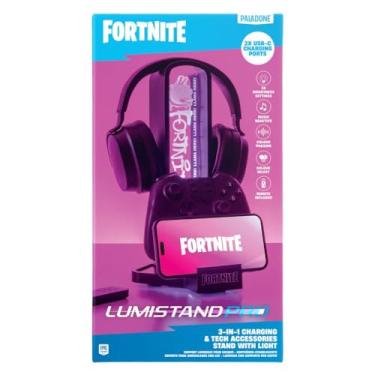 Imagem de Paladone Suporte para fone de ouvido Fortnite 3 em 1 e estação de carregamento técnico com suporte de controle de console e 2 portas USB-C, painel de luz que muda de cor RGB, presente oficialmente