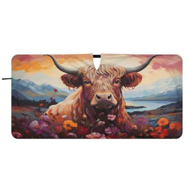 Imagem de CEBUGI Para-brisa de carro dobrável sombra de vaca highland flores pintura a óleo cortinas de janela de carro guarda-chuva pára-brisa frontal para acessórios de carro bloqueador solar refletivo de