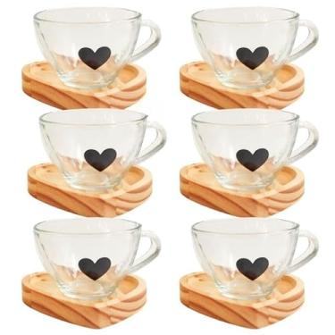 Imagem de Jogo Xícaras Café Chá com Pires Madeira Coração Rosa Presente Criativo Mesa Posta Cantinho do Café (6 Xíc. CHÁ Coração Preto+Pires)