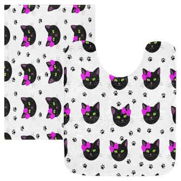 Imagem de Burbuja Conjunto de tapete de banheiro com estampa de pata de gato preto, tapete de banho absorvente de pelúcia macio, base de vaso sanitário antiderrapante para banheiro