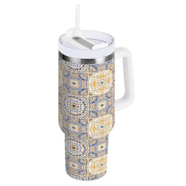 Imagem de Kigai Copo de 1,134 g com alça, lindos padrões florais de cerâmica copos isolados com tampa e canudo, garrafa de água esportiva de metal grande, caneca de café de viagem de aço inoxidável