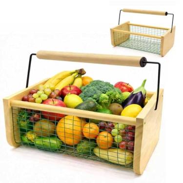 Imagem de Cesta de colheita, cestas de jardim para coletar legumes e frutas, cestas de colheita de jardinagem com cabo de madeira, cesta multifuncional para cozinha, jardim, piquenique, cabo de madeira