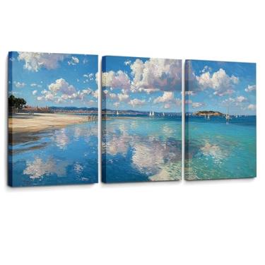 Imagem de CANLUNTE Serene Seascape Triptych Wall Art - Impressão em tela calmante do oceano azul e nuvens, conjunto de pintura de praia costeira de 3 painéis para decoração de parede de quarto, banheiro, arte