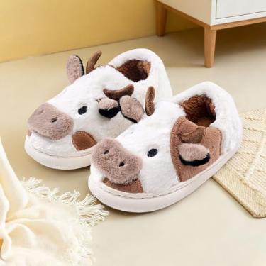 Imagem de Chinelos de vaca felpudos para crianças fofas de vaca fofa, chinelos de casa, crianças, meninas, meninos, desenhos animados, sapatos de casa para uso interno e externo, Marrom, 12-13 Little Kid