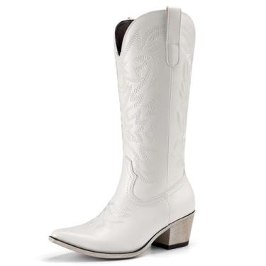 Imagem de Athlefit Botas femininas caubói, salto grosso, bico fino, bordado, ocidental, cano médio, Branco, 36