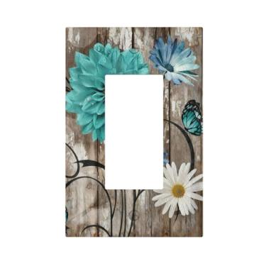 Imagem de SgEdao Capas decorativas de margarida turquesa design floral vintage em madeira rústica 1 gangue capas de interruptor de luz decora único dispositivo Gfci placa de parede para decoração de casa de