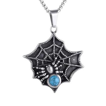 Imagem de Colar masculino gótico punk hip-hop rock com pingente de aranha, enfeitado com turquesa, aço inoxidável 316l, corrente de pérola quadrada de aço inoxidável prata, joia retrô de Halloween