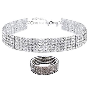 Imagem de Zealmer Conjunto de colar e pulseiras de strass banhado a ouro 18K 1-6 fileiras, Metal, Zircônia cúbica