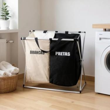 Imagem de Cesto de Roupa Suja Duplo Preto e Branco - Cesto Organizador de Roupas Clara e Escura - Cesto de Roupas Dobrável com Alças para Lavanderia, Área de Serviço, Banheiro e Quarto - Myzup