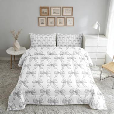 Imagem de Feelyou Conjunto de edredom com laço cinza, tamanho Queen, fofo, kawaii, para crianças, mulheres, homens, conjunto de edredom com laço e listras, 3 peças