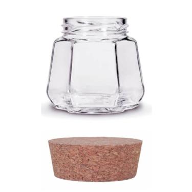 Imagem de Kit 20 unidades - Pote de vidro Sextavado - 230 ml - Tampas Cortiça Rolha