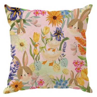 Imagem de ZAEW Capa de almofada de coelhinho ovos de pato flores ovos verdes Páscoa fronhas decorações para casa de fazenda sofá sofá capa de almofada festa decoração de férias 40,6 x 40,6 cm