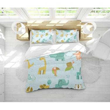 Imagem de Lindo conjunto de capa de edredom girafa elefante raposa estampa animal desenho animado meninas roupa de cama verde quarto de criança 200 x 200 cm -50 x 75 cm x 2