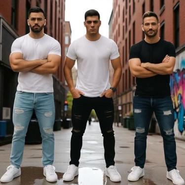 Imagem de Kit 3 Calças JEANS RASGADAS SKINNY Masculinas Casual Elastano Slim Pre