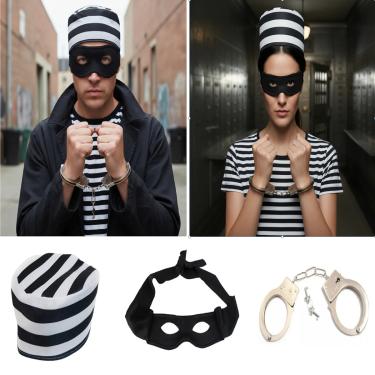 Imagem de Fantasia Ladrão Bandido Criminoso  Presidiário C/ Quepe Mascara e Algemas - 3 Pçs