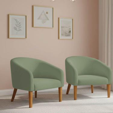 Imagem de Poltrona Sala Decorativa Kit 2 Stella Pé Madeira Trapézio Castanho Bouclê Pistache D03 - D'rossi