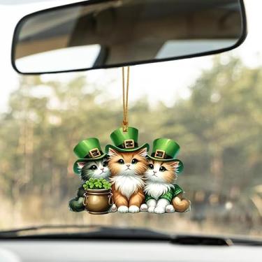 Imagem de Dia de São Patrício Trevo Três Gatos Ornamento de Acrílico Plano Pendurado Trevo Animal Ideias de Troca de Presente para Amigos Família Mulheres Quarto Pingentes Janela Porta Carro Decoração Pendurada