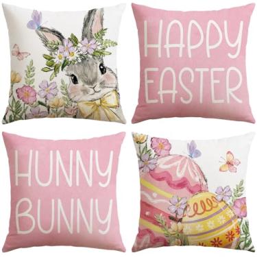 Imagem de Artscope Capas de almofada Happy Easter Rabbit Eggs 50 x 50 cm, conjunto de 4, fronhas decorativas para sofá de casa