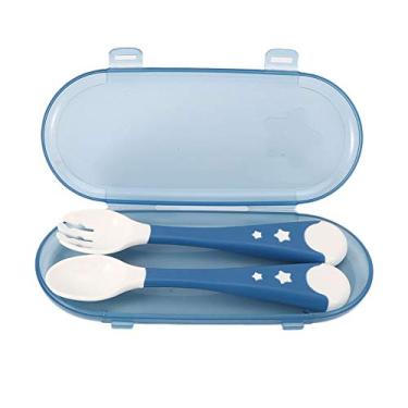 Imagem de SIWOTED 2 unidades portátil para alimentação infantil, garfo e colher antiderrapante conjunto de talheres para bebês (Azul)