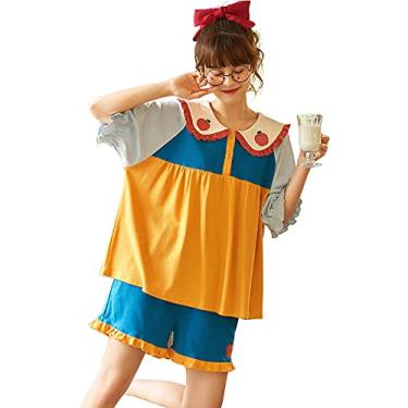 Imagem de HHHJQFAAT Conjunto de pijama feminino Contton Pijama de manga curta (azul médio)