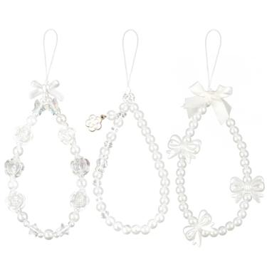 Imagem de Pulseira de telefone com contas de 3 peças, berloques de celular com laço de pérola branca, cordão de corrente de flor rosa Y2K para mulheres