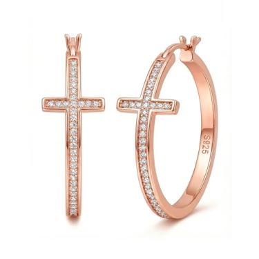 Imagem de LOUMILEO Brincos de argola de prata esterlina para mulheres, hipoalergênicos, banhados a ouro 14 K, brincos de argola de strass para Momen, brincos leves de prata com zircônia cúbica, presentes de