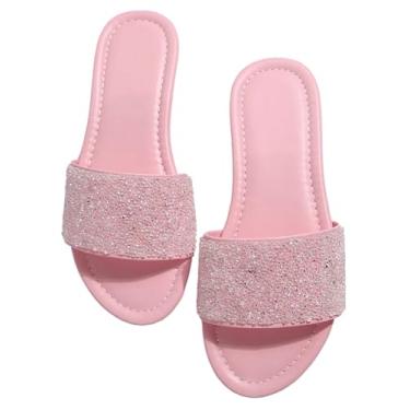 Imagem de BEAUDRM Pantufas femininas com glitter com pérolas brilhantes com contas e bico aberto, Rosa claro, 39