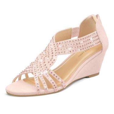 Imagem de PIZZ ANNU Sandália feminina Diana de salto baixo com strass brilhante, bico aberto, sapato social moderno para mulheres em noite de dança nupcial, camurça marrom, Rosa claro, 36