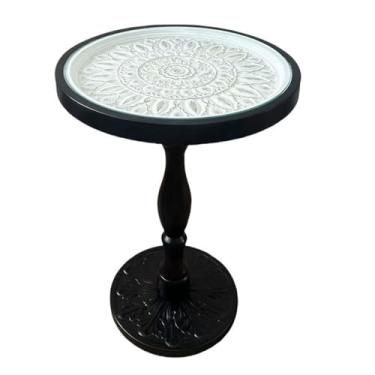 Imagem de Mesa de centro vintage esculpida mesa redonda de vidro sofá lateral lazer café coluna romana mesa lateral (preta, pequena)