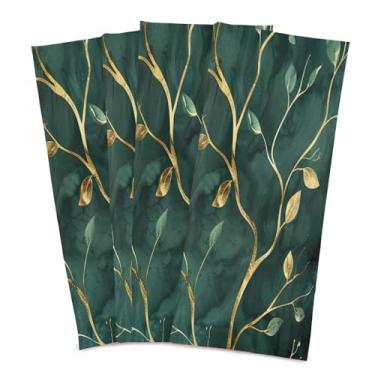 Imagem de Wassud Toalhas de cozinha folhas verdes douradas toalhas de prato de cozinha pacote com 4 panos de prato macios com laço para pendurar toalha de mão super absorvente de secagem rápida toalhas de chá