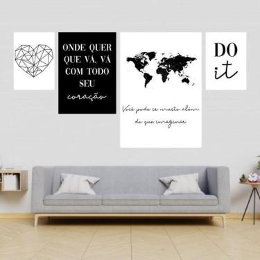 Imagem de Kit 4 Quadros Decorativos Mapa Mundi 33X24 Com Vidro Branca