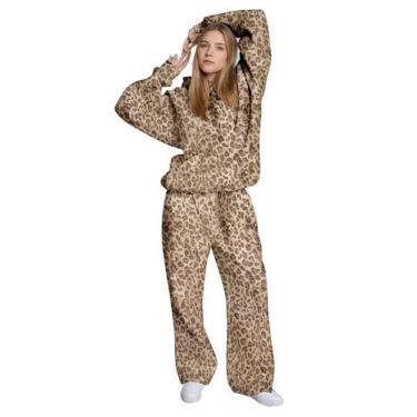 Imagem de Conjuntos de 2 peças, calças de moletom femininas com capuz e leopardo