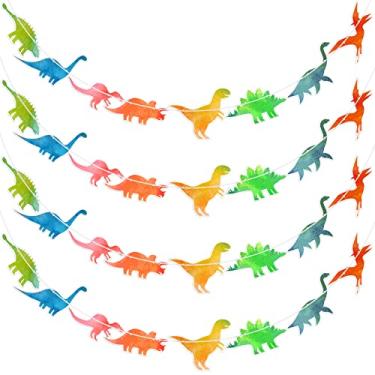 Imagem de 4 peças aquarela dinossauro festa guirlanda dinossauro bandeira de aniversário colorido dinossauro dinossauro festa suprimentos para crianças menino tema dinossauro dinossauro decoração de festa parede