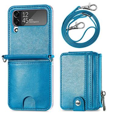 Imagem de Carteira retro PU slot para cartão de couro crossbody colar de corrente capas para samsung galaxy z flip 4 zflip 4 zflip4 capa, azul, para samsung z flip 4
