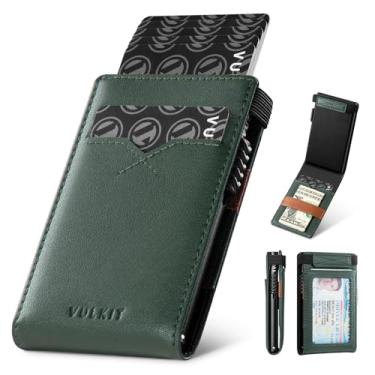 Imagem de VULKIT Carteira minimalista com faixa de dinheiro RFID para homens, carteira pop-up de couro com janela para identidade e fecho de elástico, Verde, Minimalista