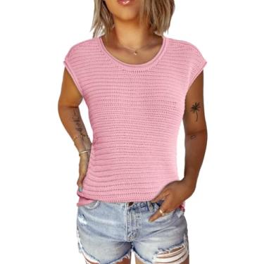 Imagem de Saodimallsu Regatas femininas sem mangas gola redonda suéter solto de malha canelada colete casual sólido camisas de verão, rosa, M