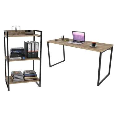 Imagem de Conjunto Escritório Estilo Industrial Mesa 150cm E Estante 60cm 3 Prateleiras Prisma C08 Carvalho