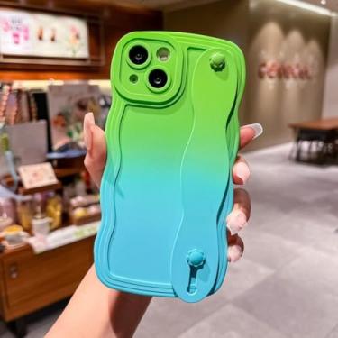 Imagem de Capa de telefone com moldura de onda de cor gradiente para iPhone 12 13 Mini 11 14 Pro Max X Xr Xs Max 7 8 Plus SE Wave Capa de suporte de alça de pulso, GreenBlue WD, para iPhone 14 Plus