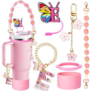 Imagem de Stanley Conjunto de acessórios para copos com 6 peças, inclui tampa e bota de silicone com iniciais de palha, alça de alça de garrafa de água, anel de copo de borracha, pingente de alça do alfabeto