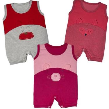 Imagem de Kit 3 Peças Macacão Bebe Jardineira Banho De Sol Bordado Menina - Bebe