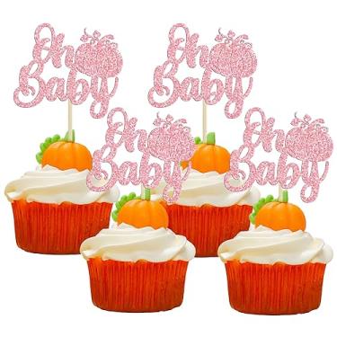 Imagem de 24Pcs Oh Baby Pumpkin Cupcake Toppers Glitter Pumpkin Baby Shower Cake Toppers Gender Reveal Cake Decorations for Fall Pumpkin Theme Baby Shower Kids Boys Girls Birthday Party Supplies Pink