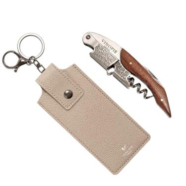 Imagem de Saca-rolhas de aço inoxidável com design de haste de uva com chaveiro de couro bege - Faca sommelier para chave de vinho