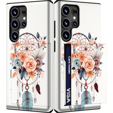 Imagem de IWONE Capa fofa com porta-cartão para S24 Ultra/à prova de choque fina com compartimento para celular para mulheres compatível com Samsung Galaxy S24 Ultra/apanhador de sonhos flor pena feminina