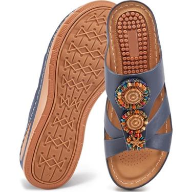 Imagem de FUDYNMALC Sandálias femininas ortopédicas femininas casuais de verão feitas à mão com miçangas, sandálias femininas de caminhada com palmilha acolchoada com suporte de arco para fascite plantar