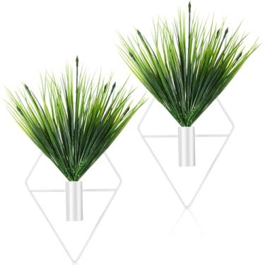 Imagem de Canlierr 2 peças de decoração de parede com plantas artificiais, vaso suspenso de metal, suporte de plantas internas, arte moderna de parede boho para banheiro, quarto, sala de estar (branco, planta